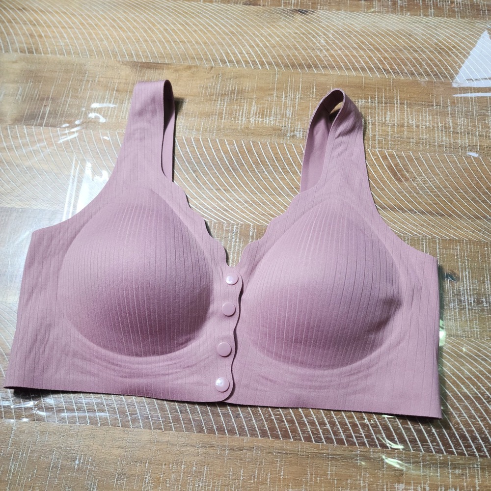 Seamless Ribbed Bralette Mauve Scalloped Trim Wireless Front Button Bra‎ Large